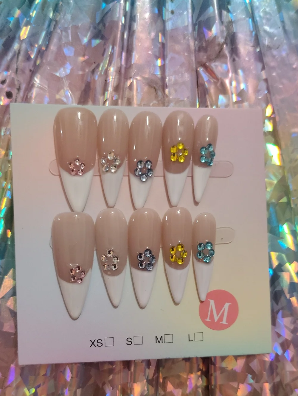 Nude French Tip Press-On Nails with Floral Rhinestones